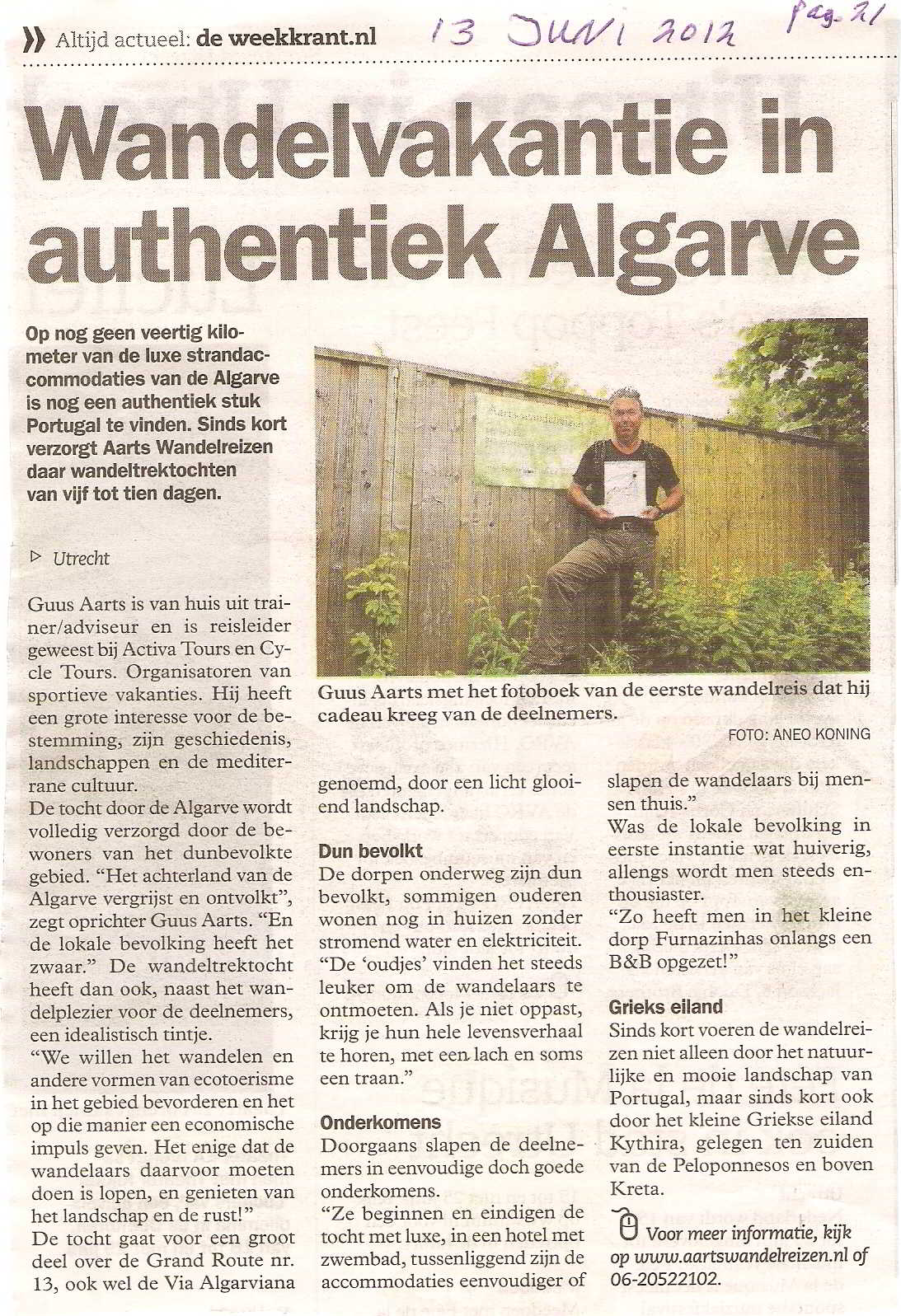 Aarts Wandelreizen in de Media - Volkskrant bijlage 13 juni 2013